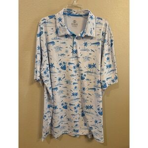 SCALES Mens 2X Large White Blue Tropical Fish Palm Tree Golf Polo Shirt